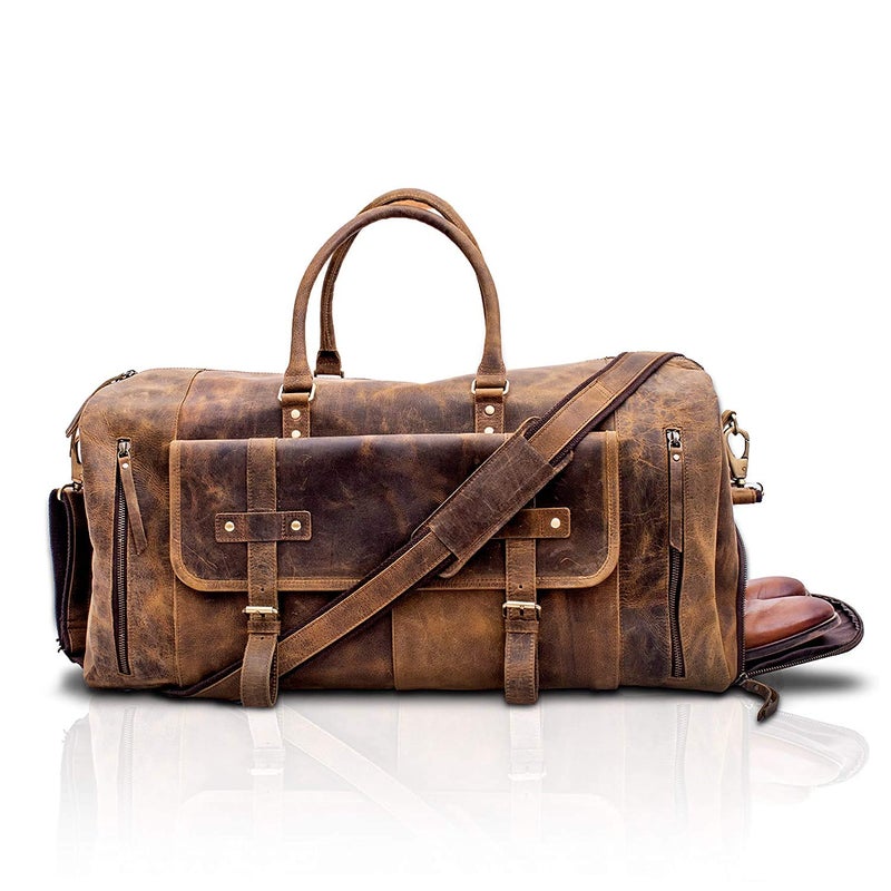 KomalC 24 Inch Leather Duffel Bags for Men and Women Full Grain Leather Travel Overnight Weekend Bags Sports Gym Duffle for Men (Brown Tan with shoe pocket) - Image 1